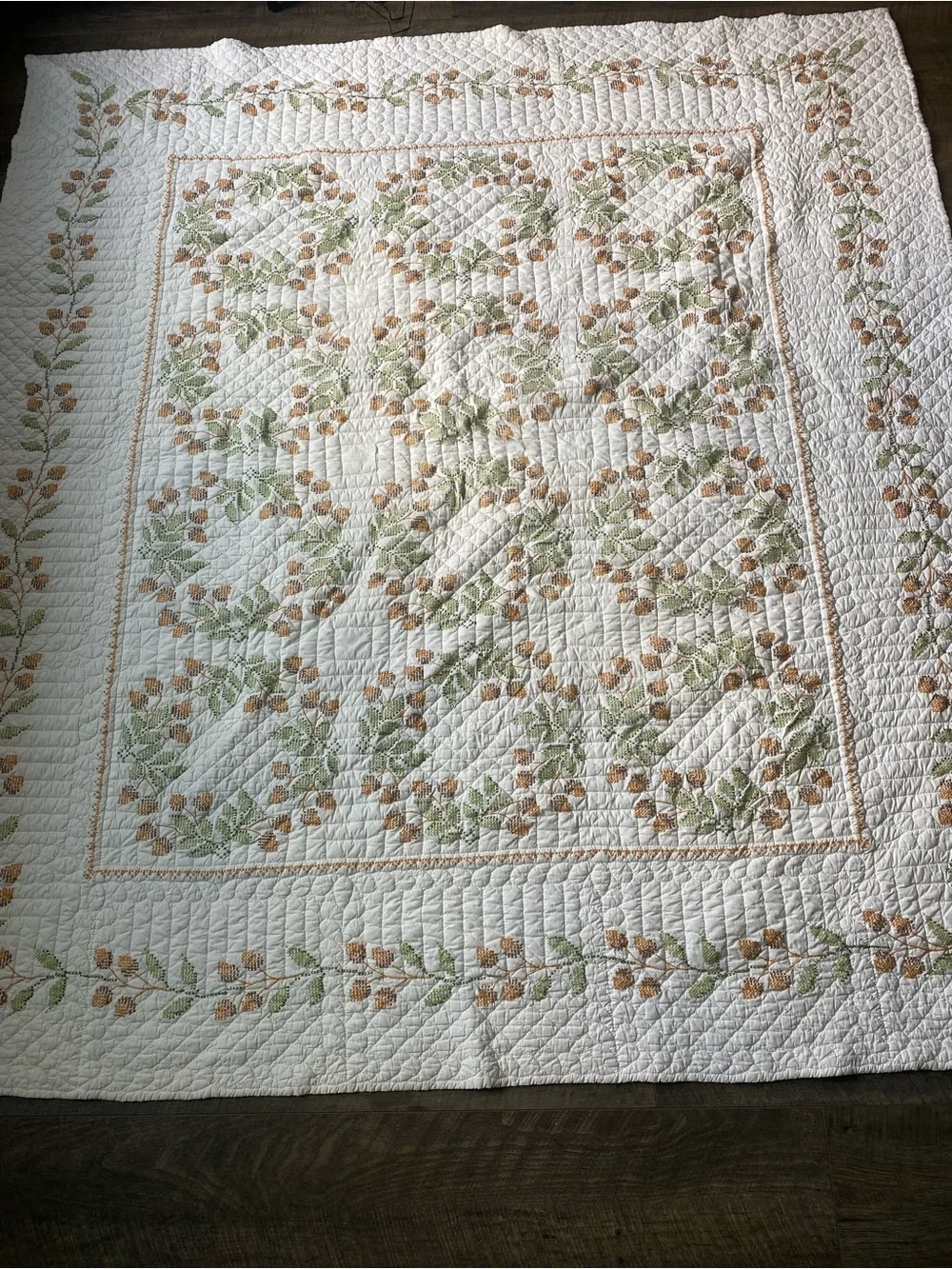 Hand-Quilted Floral Vine Quilt in Cream and Green Vintage 1960s